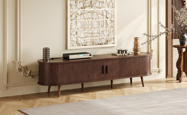 English Elm 70 Mid Century TV Stand with Rattan-Front Drawers, Tambour Doors, Built-In Outlets & Solid Wood Legs Dark Brown N710P339446P