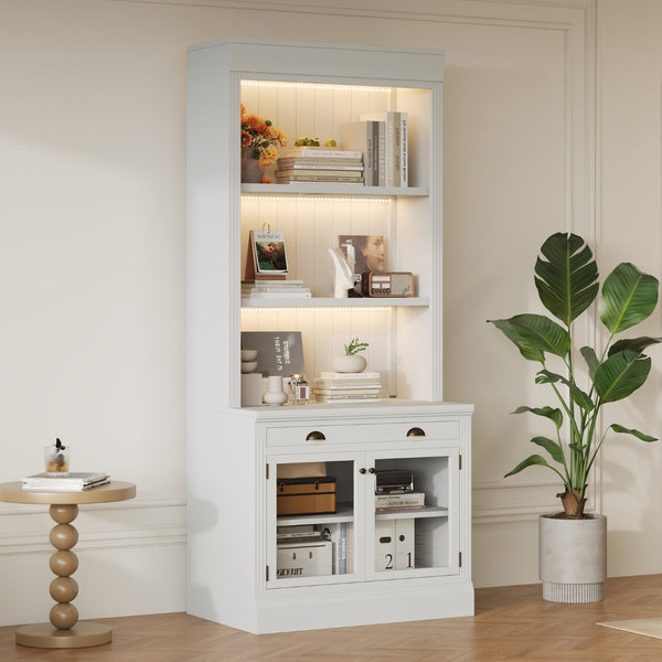 English Elm 83.4"tall Bookcase with Led Shelves Sliding Doors Open Storage Modern White N751S379857K