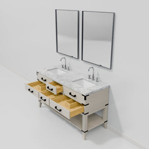 English Elm White Oak Double Bath Vanity Set With Carrara Marble Top, Faucets & 28" Mirrors For Elegant Spaces B2731S01890-GIGA