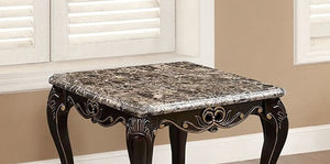 English Elm Square Ornate End Table 27.5"W Dark Walnut Marble Top Cabriole Legs Gold Accents Traditional Charm B2741P378468