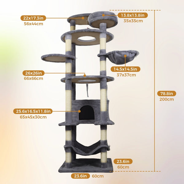 English Elm 71 Inch Floral Cat Tower with Condo Hammock Sisal Posts and Plush Perches for Large Breeds Dark Gray W243P326648