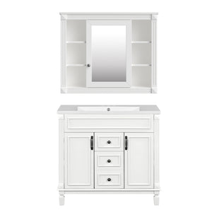 English Elm 36'' Bathroom Vanity with Sink and Mirror Cabinet, Modern MDF & Solid Wood Design, Ceramic Top, Soft-Close Doors White SW000115AAK-1