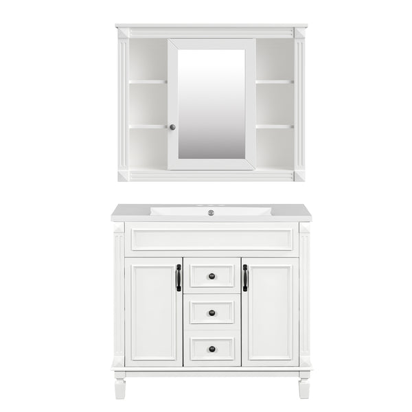 English Elm 36'' Bathroom Vanity with Sink and Mirror Cabinet, Modern MDF & Solid Wood Design, Ceramic Top, Soft-Close Doors White SW000115AAK-1
