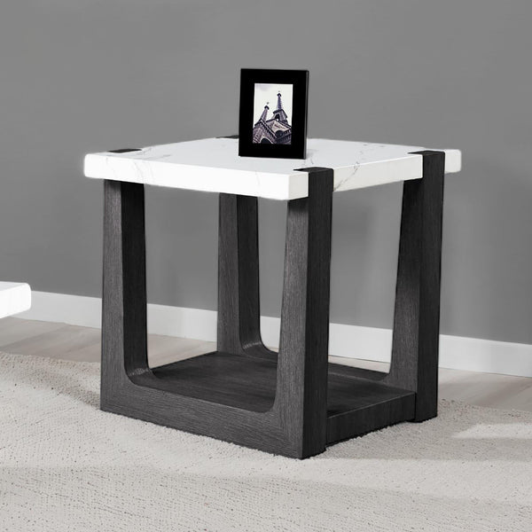 English Elm 1pc End Table with Faux Marble Top, Two-Tone Modern Accent Piece, 24” Square Stylish Living Room Black,White 28 L x 28 W x 14 H B2741P402817