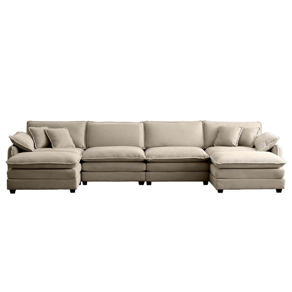 English Elm Over oversized U Shape Corduroy Sofa with Memory Foam Comfort, Modern Retro 4-Seater + Ottomans, Plush Upholstery Camel W714S00722