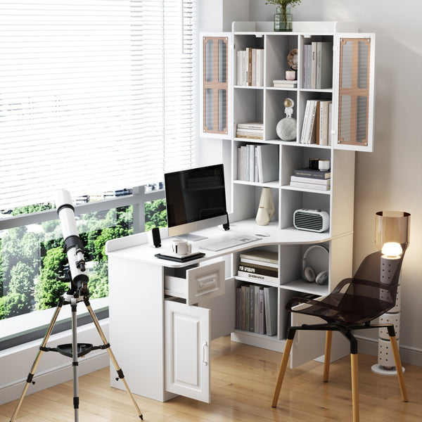 English Elm L-Shaped Corner Desk White with Hutch, Shelves & Drawer — Space-Saving 2-in-1 Office Workstation with Ample Storage W331S00203