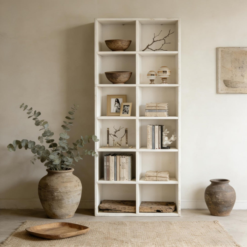 English Elm Compact Six Tier Bookcase with 12 Open Cubes for Slim Vertical Home Office Storage T3971P458123