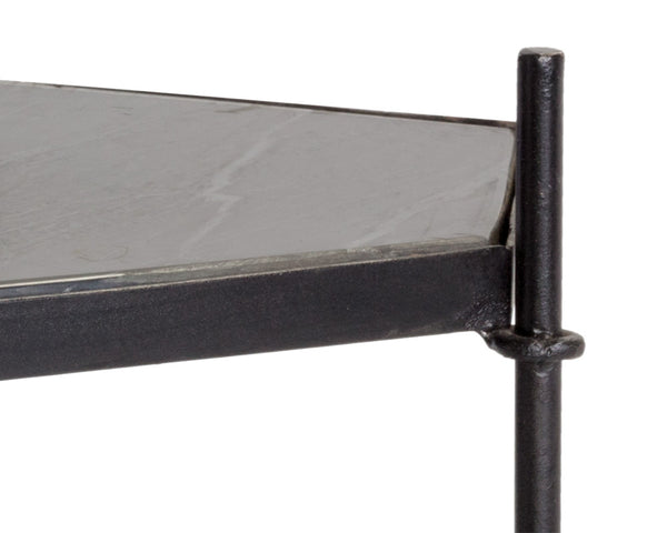 Sunpan Hexall Side Table – Industrial Chic with Hexagonal Shelves, Antique Brass & Black Marble Elegance