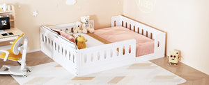 English Elm Wood Full Size Kids Platform Bed Solid Pine Guardrail Low Profile Safe Sleep Frame White N709P321458K