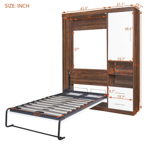 English Elm Twin Murphy Wall Bed with Side Cabinet Space Saving Mdf Frame for Studio Apartments LP000690AAK-1