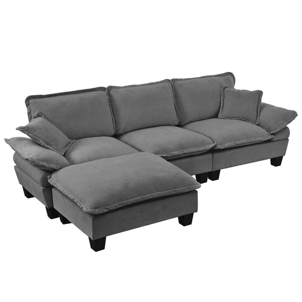 English Elm Modular Chenille Cloud Sectional with Sculptural Curved Arms and Movable Ottoman W3163S00118