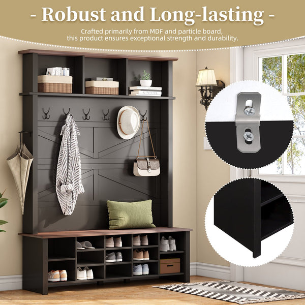 English Elm ON-TREND Farmhouse 4-in-1 Hall Tree with 6 Hooks, Walnut Bench, 16 Compartments, Rustic Entryway Organizer Black N721P264915B