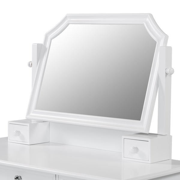 English Elm 44.4" Elegant Makeup Vanity Desk with Swivel Mirror, 5 Drawers, Cabinets & Padded Stool — White N844P292486A