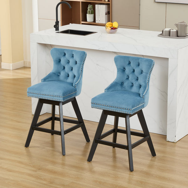 English Elm Swivel Velvet Barstools with Supportive Curved Back, Thick Foam & Spring Seat, 360° Rotation, Sturdy Wooden Frame Light Blue W1143P369089