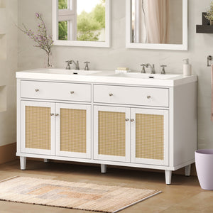 English Elm Christopher Knight Home® - 60 Inch Bathroom Vanity with Double Sinks SMC, Rattan Doors, Soft-Close Drawers, Stable Pine Legs White N817P296140W