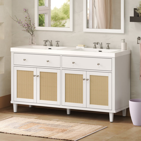 English Elm Christopher Knight Home® - 60 Inch Bathroom Vanity with Double Sinks SMC, Rattan Doors, Soft-Close Drawers, Stable Pine Legs White N817P296140W