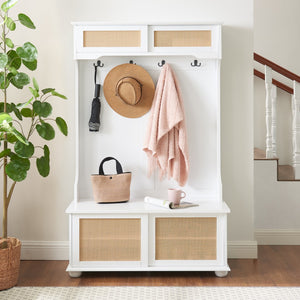 English Elm Clothes Hanger Hall Tree Storage Bench Shoe Rack For Entryway, Hall Tree With Bench and Shoe Storage, Hall Tree Entryway Bench With Rattan Door White, 40.16"W*18.58"D*64.17"H