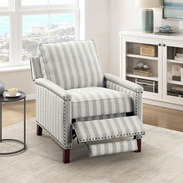 English Elm 1pc Push Back Recliner Chair in Beige-Blue Stripe Fabric with Nailhead Trim, Solid Wood Frame, CozyComfort B011P396189