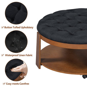 English Elm Modern Round Oversized Ottoman Coffee Table with Button Tufting, Waterproof Linen, Wheels & Lower Wood Shelf for Storage and Seating Black+Brown N735P180224B