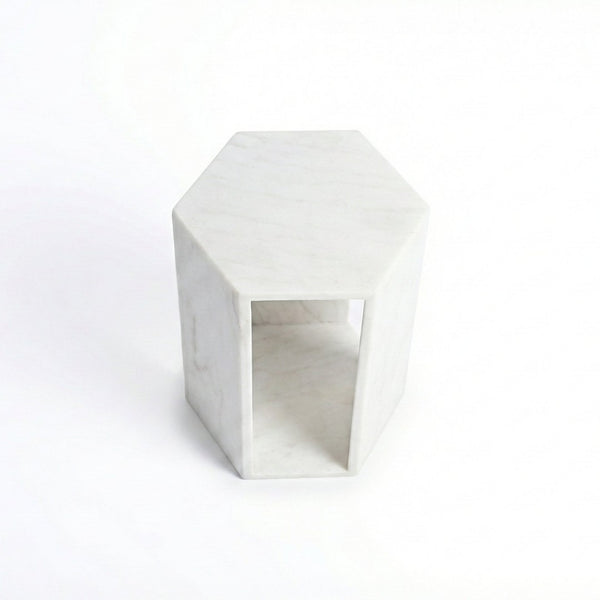 English Elm Genuine Solid Marble Hexagonal Pedestal End Table Polished Stone for Modern Living White W1696P407996