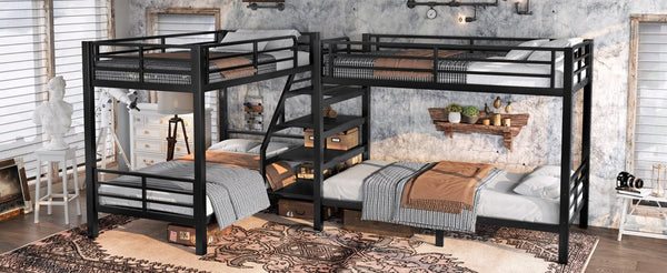 English Elm Twin L-shaped Steel Bunk Bed with Built-in Shelving and Full Guardrails Matte Black W1580S00439