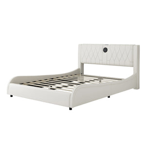 English Elm Queen Luxurious Faux Leather Platform Bed with Thick Headboard, Bluetooth Speakers & RGB Ambience Lights White 62.6 L x 19.69 W x 12.99 H N701P241047C