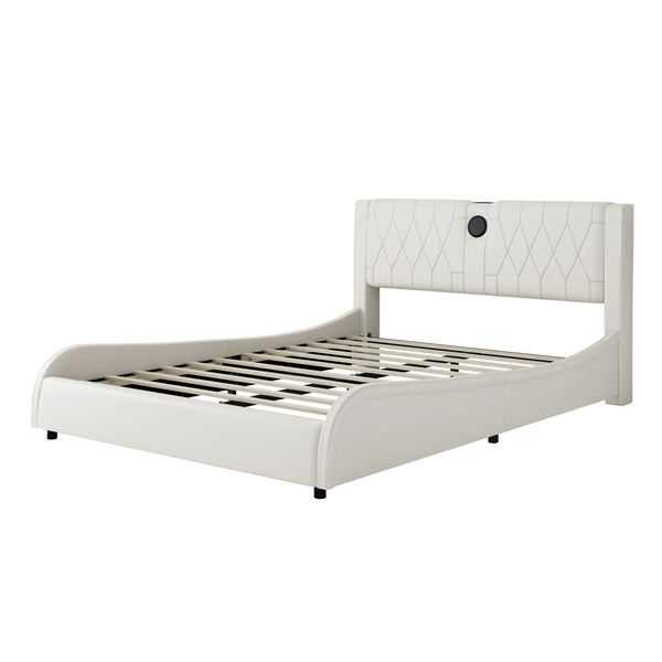 English Elm Queen Luxurious Faux Leather Platform Bed with Thick Headboard, Bluetooth Speakers & RGB Ambience Lights White 62.6 L x 19.69 W x 12.99 H N701P241047C
