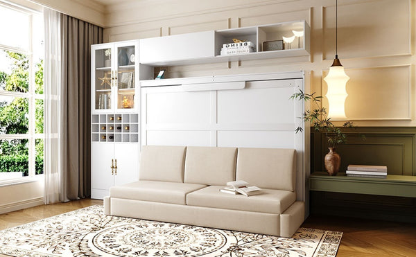 English Elm Full Size Murphy Wall Bed with Linen Sofa Integrated Shelving Usb Charging and Lighting LP000763AAK