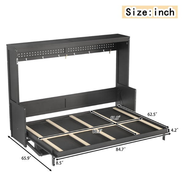 English Elm Queen Murphy Bed with Fold Down Desk Led Lighting and Usb Port for Home Office Dark Gray W1580S00457