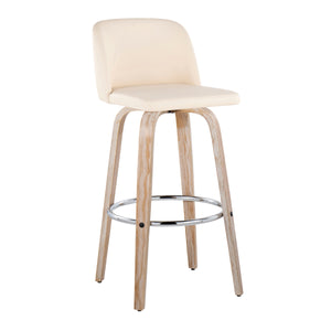 English Elm Toriano 30" Contemporary Fixed-Height Swivel Barstool Set of 2 — Faux Leather Upholstered Seats, Bent Wood Legs and Chrome Footrest, Indoor Seating Cream B202S00709