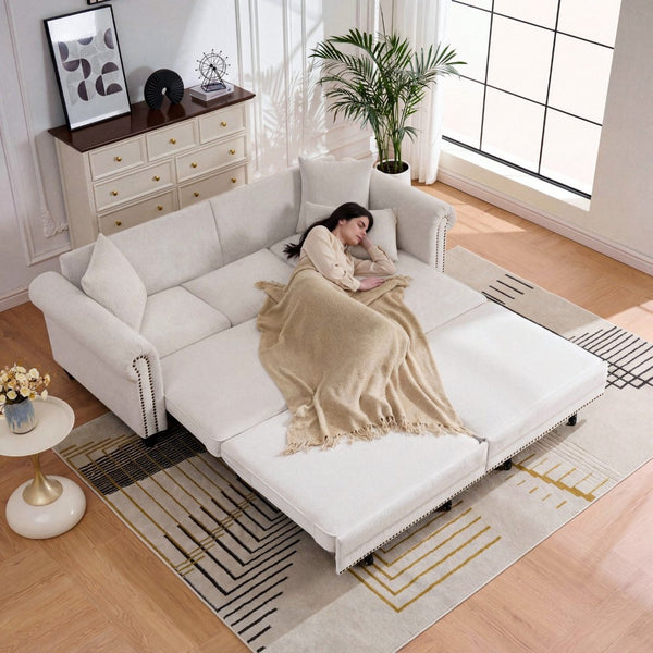English Elm 86" Chenille Sleeper Sofa with Nailhead Rolled Arms Three Seat Convertible for Any Room Beige W3373S00087