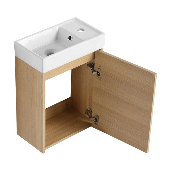 English Elm 16'' Floating Wall-Mounted Bathroom Vanity with Ceramic Basin, Soft-Close Door, Water-Resist Finish Light Oak W999P236336