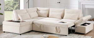 English Elm [video]107'' Chenille Sleeper Sectional with Usb Charging Storage Ottoman and Adjustable Armrest Beige N723S8782A