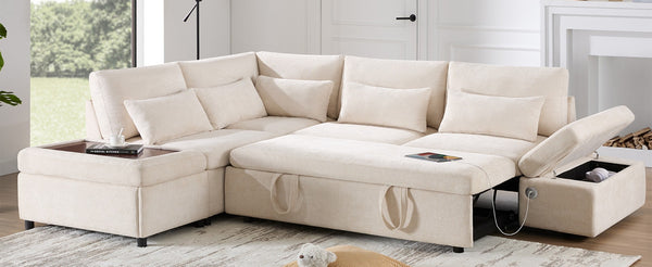 English Elm [video]107'' Chenille Sleeper Sectional with Usb Charging Storage Ottoman and Adjustable Armrest Beige N723S8782A