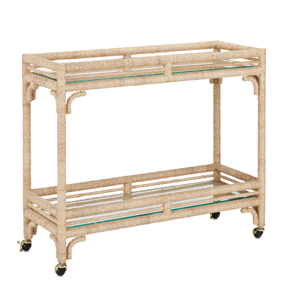Olisa Natural Rope Bar Cart - Elegant Braided Abaca Design with Glass Shelves & Rolling Casters