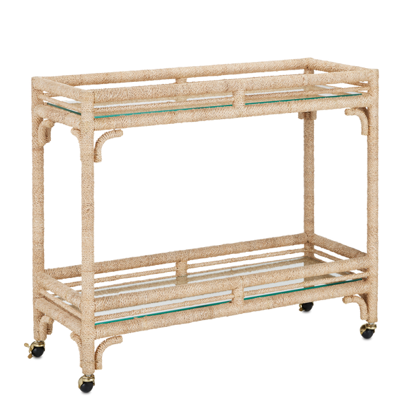 Olisa Natural Rope Bar Cart - Elegant Braided Abaca Design with Glass Shelves & Rolling Casters