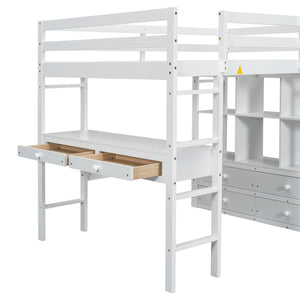 English Elm Full Loft Bed with Built-in Desk, 4 Drawers, 6 Shelves, Pine/MDF White — Space-Saving Study Loft SM000320AAK