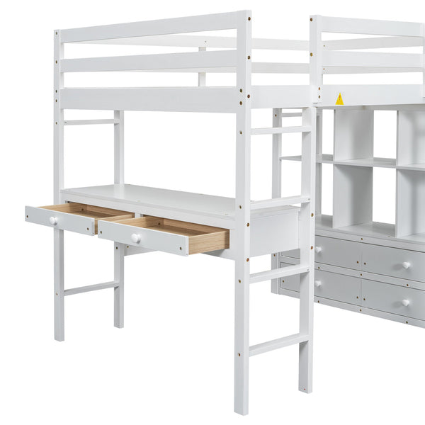 English Elm Full Loft Bed with Built-in Desk, 4 Drawers, 6 Shelves, Pine/MDF White — Space-Saving Study Loft SM000320AAK