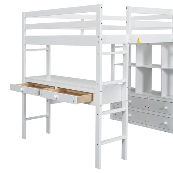 English Elm Full Size Loft Bed Pine Wood Frame with Desk Four Drawers and Shelves in White SM000320AAK-1