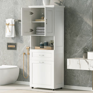 English Elm Tall Bathroom Cabinet with Tilt-Out Laundry Hamper, Adjustable Shelves, Anti-Tip Design & Large Storage White WF323481AAK