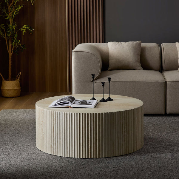 English Elm Faux Round Faux Travertine Coffee Table 35.4" Diameter with Handcrafted Relief Design, No Assembly Needed W876P362386