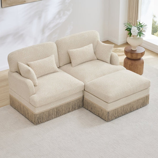 English Elm Comfy Chenille Leopard Print Loveseat with Tassel Trim Movable Ottoman Living Room Beige W5656S00002