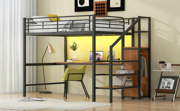 English Elm Full Size Metal Loft Bed With Desk, Storage Steps, Wardrobe, Led Light - Perfect For Small Spaces! GX000620AAB-1