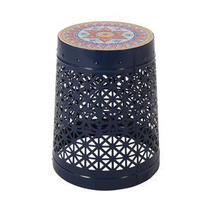 English Elm Christopher Knight Home® - CRANBROOK Side Table with Lace-Cut Powder-Coated Metal Frame and Tile Mosaic Top for Patio Elegance Dark Blue 70510.00DBLU