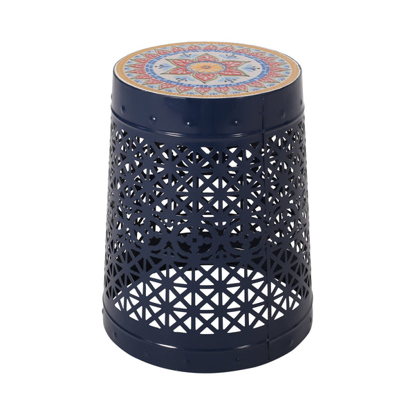 English Elm Christopher Knight Home® - CRANBROOK Side Table with Lace-Cut Powder-Coated Metal Frame and Tile Mosaic Top for Patio Elegance Dark Blue 70510.00DBLU