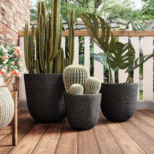English Elm U_style Mgo Round Planters Set of Three Crackle Stone Texture Patio Garden Pots Black N711P406660B
