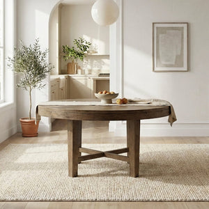 English Elm Transitional French Oak Veneer Round Dining Table Seats 6 with Bold X-base Pedestal B011P467557
