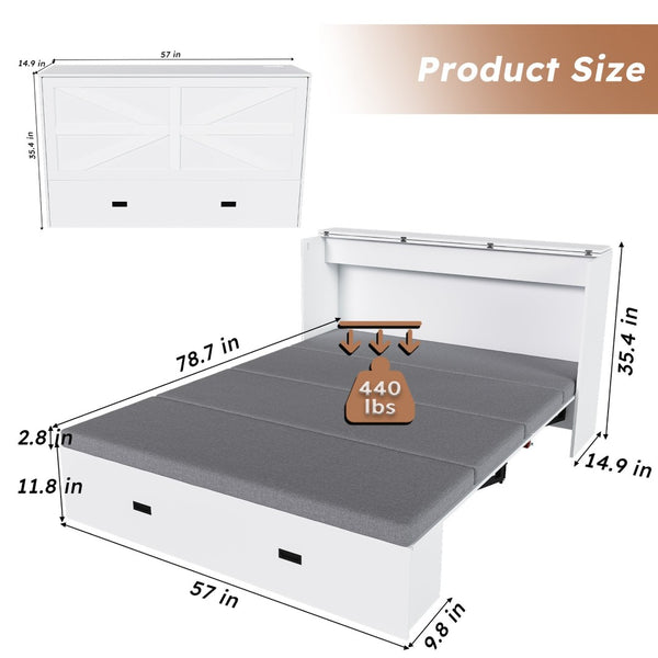 English Elm 57 Inch Murphy Bed Cabinet with Storage Drawers Charging Station and Rolling Casters White W509S00155