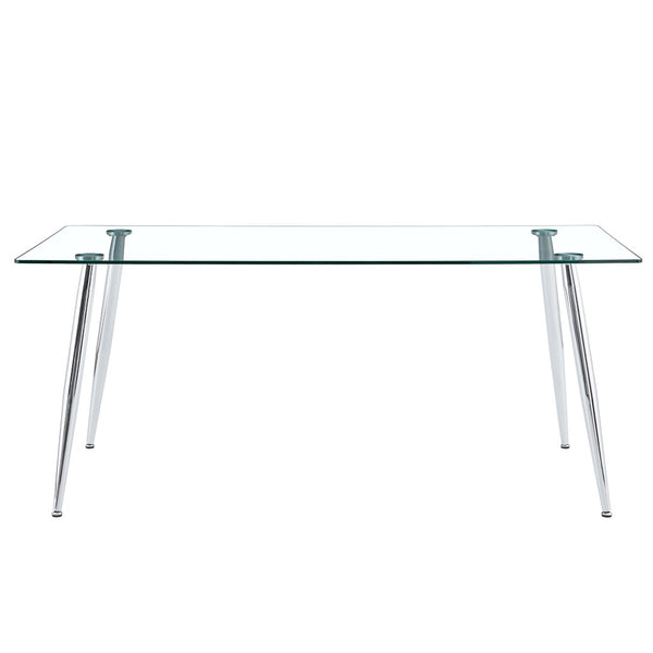 English Elm Modern Tempered Glass Dining Table Seats Six with Sleek Silver Legs for Open Spaces W1151S03176