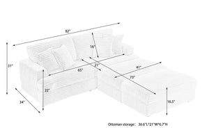 English Elm 82-Inch Gray Corduroy Sofa With 2 Storage Footrests & 4 Pillows - Cozy Modern Living Room Essential! W1658S00117